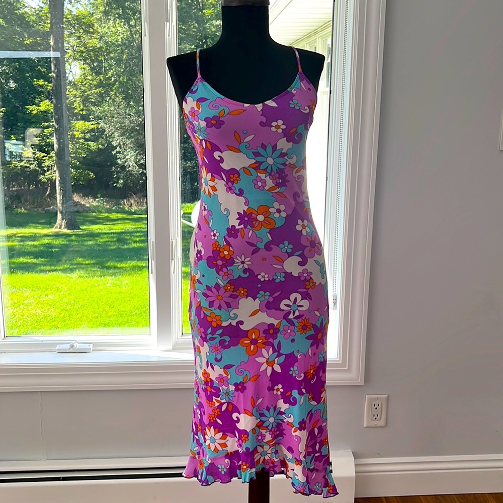 Y2K Dress w/ Criss Cross Back & Ruffle Hem Floral Hippie Psychedelic Print